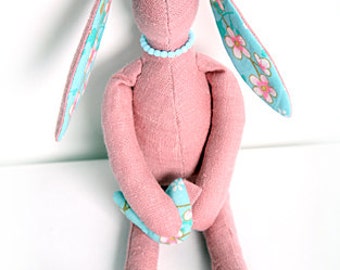 Tilda small rose pink rabbit bunny hare toy with birdy from nature friendly 100% linen - stuffed with buckwheat. Lovely toy for girl or boy