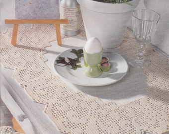 Pattern of Burda special E659_30 square floral filet crochet lace cotton white table cloth runner with roses vintage retro pink frame