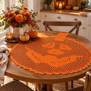 Pode incluir: Um centro de mesa de crochê laranja brilhante com um design de rosto de abóbora e borda festonada. A peça têxtil circular é feita com um padrão de grade e exibe uma forma de abóbora estilizada com olhos, nariz e um sorriso largo.
