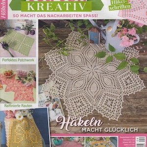 Magazine Hakeln kreativ 2024_04 journal crochet pattern for filet lace table cloth runner of any kind butterfly octopus flamingo shell fish