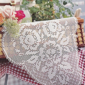 Pattern of Burda Special E659_01 oval fillet crochet lace cotton white tablecloth runner with roses vintage retro 40x60 cm doily