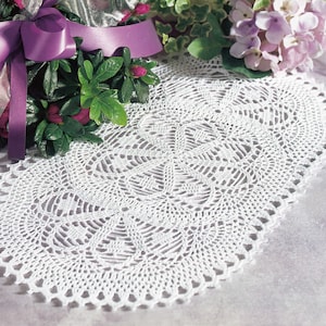 Pattern of Filethakeln Sonderheft FI389-11 Crochet Lace Cotton Table Runner Vintage Retro Floral Doily White Round Floral Oval