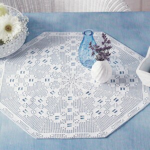May include: White crocheted doily with a delicate floral pattern, displayed on a light blue table with a blue glass vase and a white vase with purple flowers.