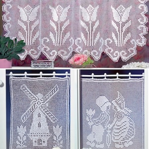 May include: A collection of three white crochet curtains featuring intricate openwork patterns. One wide curtain displays a repeating tulip motif, while two smaller rectangular curtains depict a windmill and a pair of figures in traditional attire.