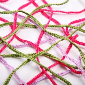 May include: Close-up of intertwined crochet cords in shades of pink, green, and lavender. The cords are arranged in a random pattern against a white background. The image highlights the texture and color variations of the yarn.