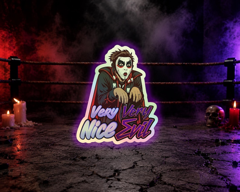 Danhausen Inspired Holographic Stickers: Comic Style, Pro Wrestling Fan Art Very Nice Very Evil