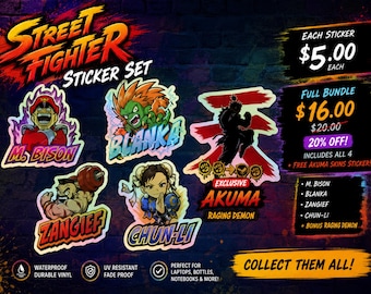 Adesivos holográficos de Street Fighter | Chun Li, Blanka, Zangief, M. Bison, Akuma (vinil à prova d'água)