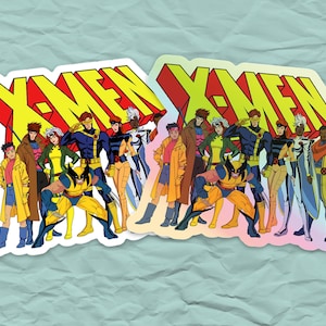 Op de afbeelding: Twee stickers met het X-Men-team. De stickers tonen het team in een groepspose, met het woord "X-MEN" in grote, rode en gele blokletters. De personages dragen hun klassieke stripboek kostuums.