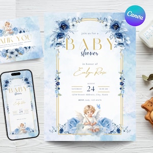 May include: Baby shower invitation set with a blue floral design. The invitation features the text "BABY shower" and "Evelyn Rose". Includes a thank you card, a phone screen mockup, and baby accessories.