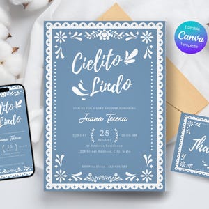 Convite azul editável do chá de fraldas de Cielito Lindo, convite azul Talavera mexicano do chá de fraldas do menino de Cielito Lindo Fiesta Bebe KHBSB9