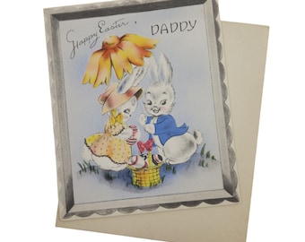 Tarjeta de Pascua vintage Feliz Pascua Papá Conejitos Huevos Buzza Cardozo Sin usar