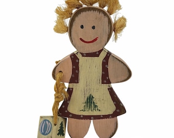 Vintage Wood Girl Figurine pintado a mano 10 "Farmhouse Primitive Country Decor