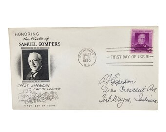Sobre con sello postal del primer día, sello postal del Servicio Postal de los Estados Unidos, sello del Gran Líder Laboral Estadounidense de 1950, Samuel Gompers, efímera de papel vintage, coleccionable