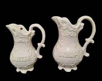 Vintage Napcoware Butter Syrup Pitcher Set Cottage White Embossed RARE