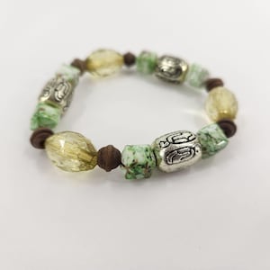 Vintage Beaded Stretch Bracelet Yellow and Green With Silver-Tone Accent Beads