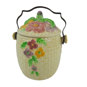 Vintage Wade Heath Biscuit Barrel Yellow Pink Floral Basketweave England Pottery