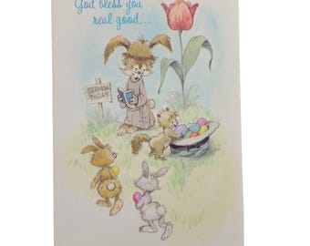 Tarjeta de Pascua antigua "Dios te bendiga", conejito, huevos, sin usar, sin sobre, 1979