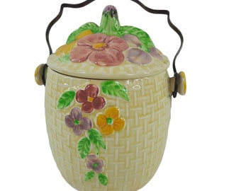 Vintage Biscuit Barrel, Wade Heath England, Cookie Jar, Yellow Pink Floral, Pottery