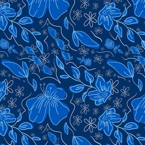 May include: A seamless pattern featuring stylized blue flowers and leaves on a dark blue background. The design includes various floral elements, with white outlines adding contrast and detail. This pattern is suitable for fabric, wallpaper, or digital art.