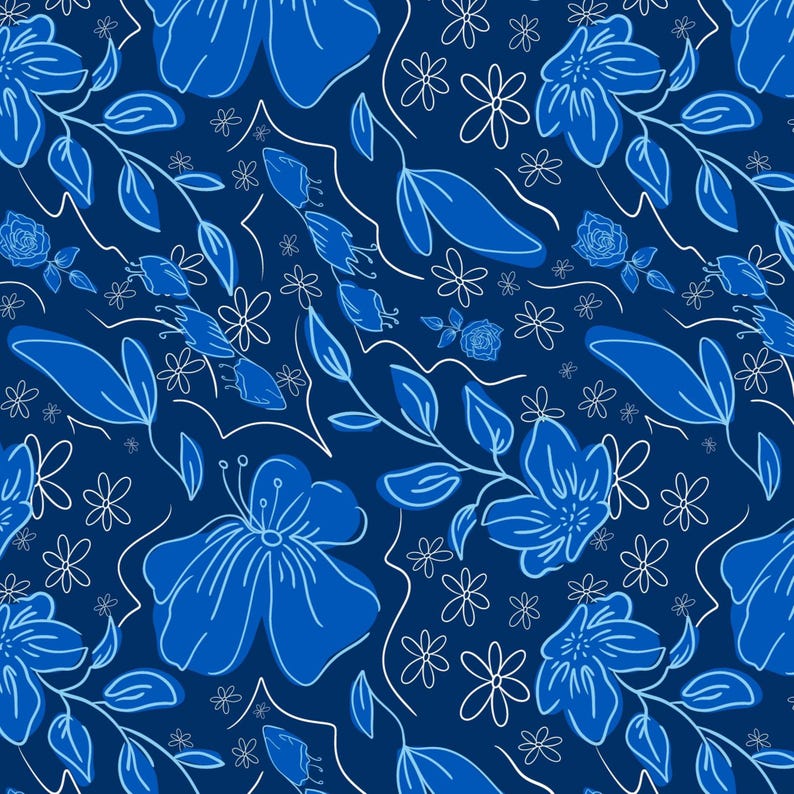 May include: A seamless pattern featuring stylized blue flowers and leaves on a dark blue background. The design includes various floral elements, with white outlines adding contrast and detail. This pattern is suitable for fabric, wallpaper, or digital art.