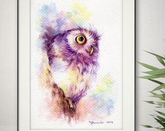 PRINT - Watercolor painting 7.5 x 11 inches Reproduction of my Original Watercolor painting.Hand painted 100% not AI, Contemporary,owl, gift