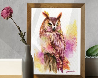 PRINT – Watercolor painting 7.5 x 11” from Hand paint 100%, art, watercolor, Hand made, owl art, minimalist, Contemporary, women gift