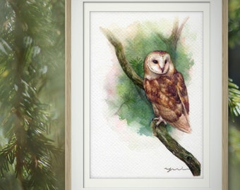 Owl in forest ORIGINAL watercolour painting 7.5x11 inches,Hand paint 100%, art, watercolor, Hand made, owl art,wall art, Contemporary,gift