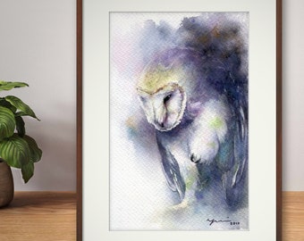 PRINT –In the Shadow Watercolor painting 7.5 x 11”Hand paint 100%,art, watercolour, Hand made,owl art, minimalist,Contemporary,gift,Wildlife