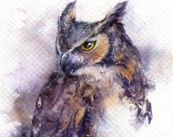 PRINT – Horned Owl - Watercolor painting 7.5 x 11”