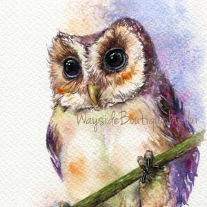 IMPRESIÓN - Búho - Pintura de acuarela 7,5 x 11”, pintada a mano por Yui Chatkamol, arte de pared con personaje de pájaro