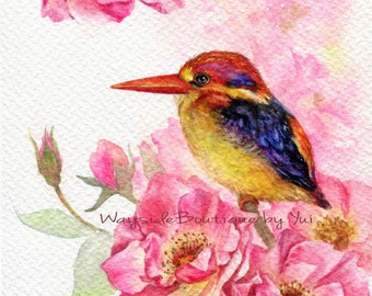 STAMPA - Uccello e rose - Pittura ad acquerello 7,5 x 11"