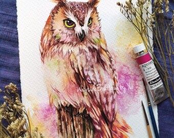 Owl - ORIGINAL watercolour painting 7.5x11 inches,Hand paint 100%, art, watercolor, Hand made, owl art, minimalist, Contemporary, women gift