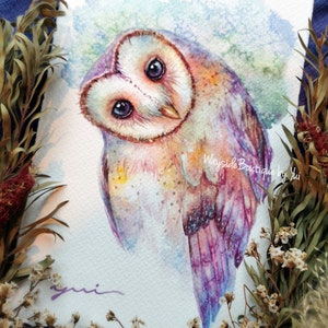 Owl - ORIGINAL watercolor painting 7.5x11 inches,Mystic Guardian Hand painted by Yui Chatkamol ,owl art,owl gift, fantasy,decor, wall art,