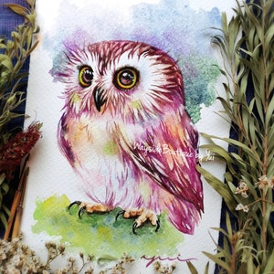 Bellissimo dipinto ad acquerello ORIGINALE gufo 7,5x11 pollici, dipinto a mano al 100%, fantasy, fatto a mano, arte del gufo, minimalista, contemporaneo, regalo, fauna selvatica