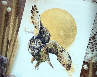 Owl ORIGINAL watercolor painting 5x7 inches, Hand painted Not print,gift, wall art, gift for her mom, home decor, gold, Hunt,