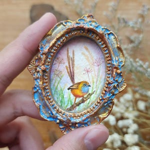 Miniature Framed Emu wren watercolor, Original Hand-Painted, Cute Animal Painting for Shelf or Gallery Wall, Gift for Bird Lover