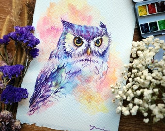 Dipinto ad acquerello ORIGINALE 7,5x11 pollici, Piumaggio sussurrante, Dipinto a mano da Yui Chatkamol, Fatto a mano, Arte del gufo, Contemporaneo, Regalo, Fauna selvatica