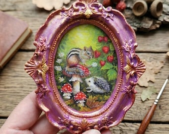 Original Miniature Gouache Painting, Chipmunk and Hedgehog, Strawberry Forest Woodland Art, Framed Tiny Painting, Cottagecore Decor
