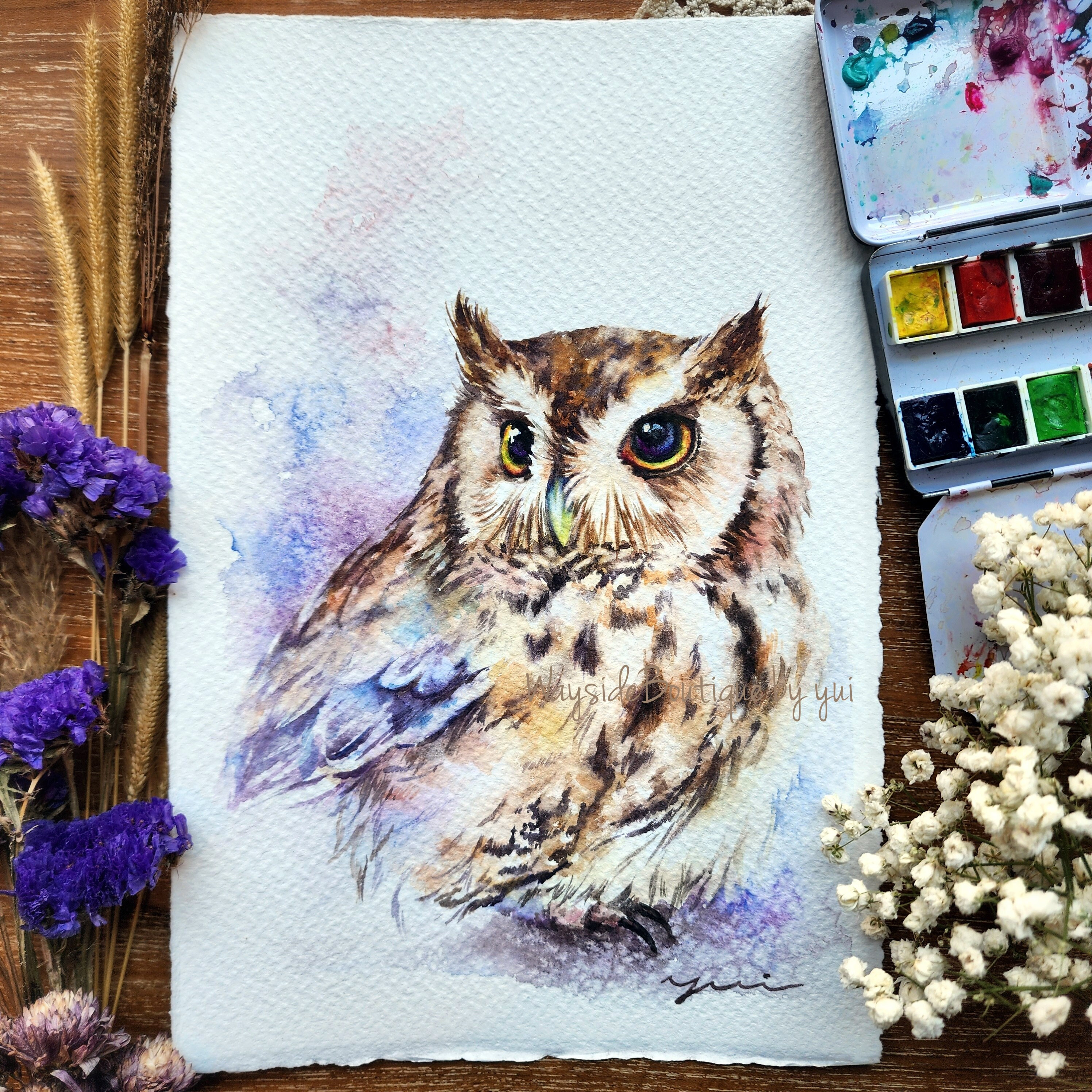 Owl - ORIGINAL watercolour painting 7.5x11 inches,Hand painted by Yui Chatkamol, Hand made,owl art,