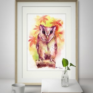 Life in Autumn - ORIGINAL watercolor painting 7.5x11 inches, 100% Hand painted on watercolour paper,gift, owl art, autumn,wall art,Wildlife