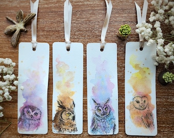 Bookmark set 4 pcs. Owl ORIGINAL watercolor painting 2x6 inches, paint by Yui Chatkamol Hand painted Not print,gift for her mom, book lover