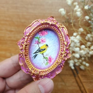 Original Miniature Watercolor Bird Painting in Ornate Frame, Yellow Finch with Pink Blossoms, Tiny Nature Art Gift,