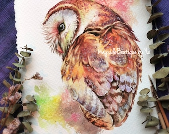 Owl - ORIGINAL watercolor painting 7.5x11 inches, Hand painted, owl watercolor, woodland, Wildlife, decor, wall art, real paint, fine art,A4