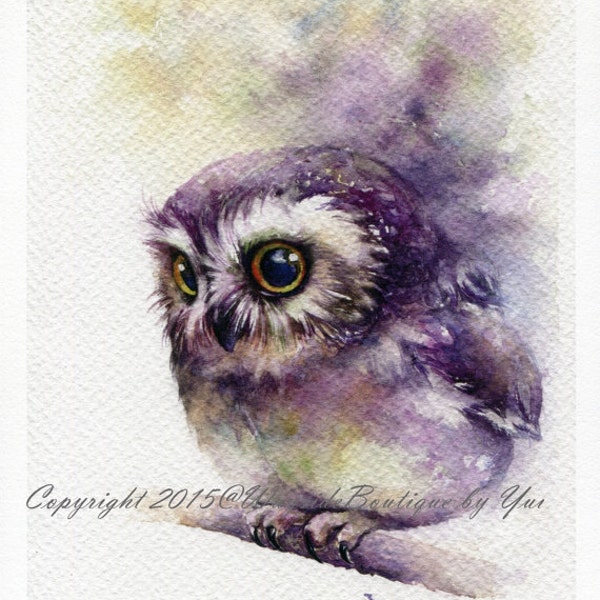 PRINT – Twinkle eye Watercolor painting 7.5 x 11", Hand painted, owl watercolor,owl art, Wildlife, decor, wall art, real paint, fantasy