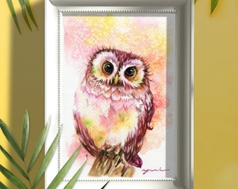 Big eyes Owl - ORIGINAL watercolour painting 7.5x11 inches,Hand paint 100%,art,watercolor, Hand made, owl art, minimalist,Contemporary,gift