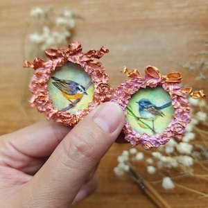 Miniature Watercolor small bird original paintings in Hand-Painted Ornate Frames – Set of 2 – Tiny Bird Wall Art, Original Mini Nature Art