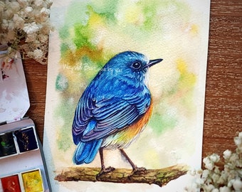 Bluebirds ORIGINAL watercolor painting 5x7 inches pained by Yui Chatkamol, Hand painted Not print, gift for her, mom, home decor,real