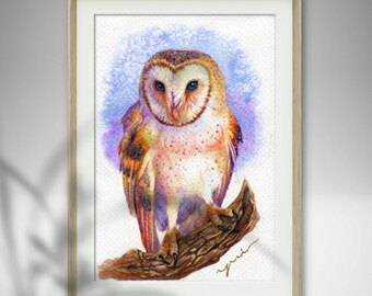 Barn Owl ORIGINAL watercolour painting 7.5x11 inches,Hand paint 100%, art, watercolor, Hand made, owl art, minimalist, Contemporary,gift