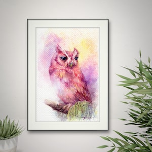 Gufo Fantacy - Dipinto ad acquerello ORIGINALE 7,5x11 pollici, dipinto a mano, arte, fatto a mano, arte minimalista del gufo, contemporaneo, regalo, fauna selvatica