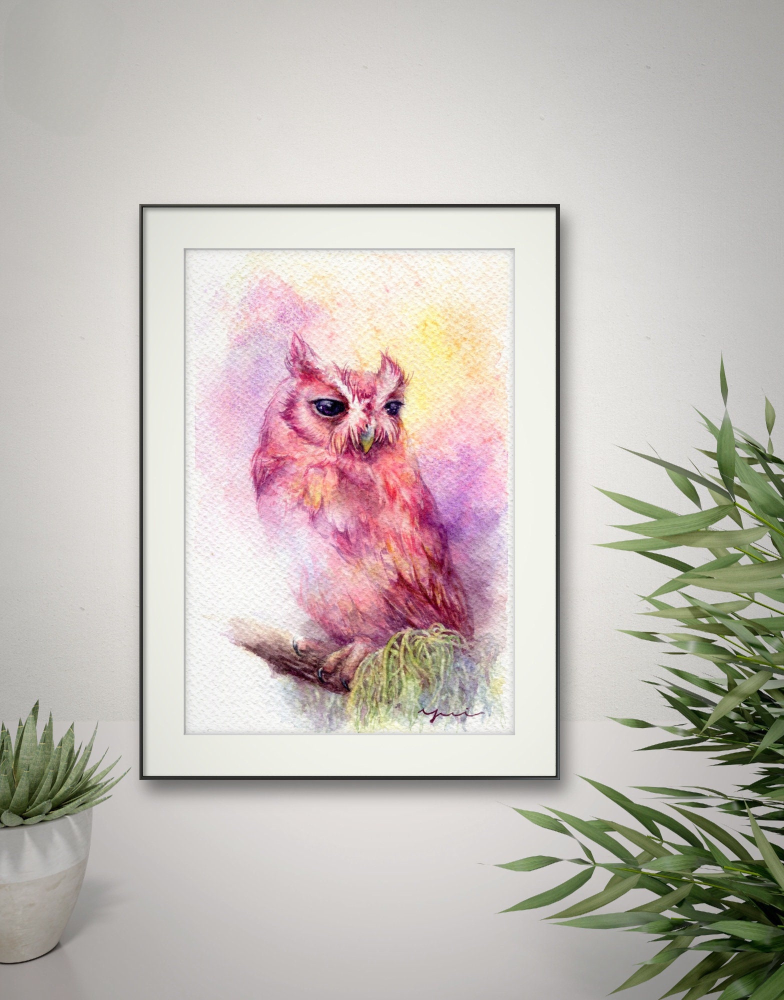 Fantacy owl - ORIGINAL watercolour painting 7.5x11 inches,Hand paint, art,,Hand made,owl art minimal